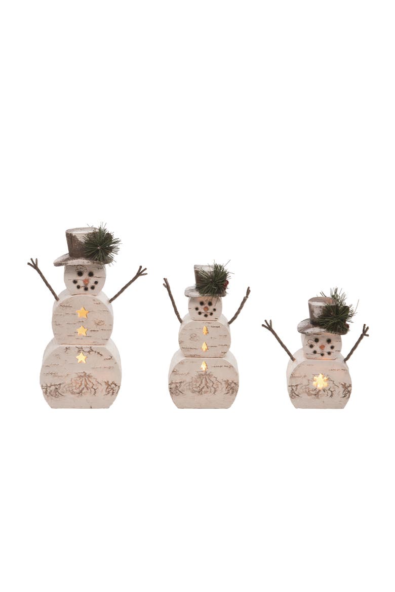 Brown Christmas Birch Snowman Figurines Set of 3 Light Up, Main, color, Brown