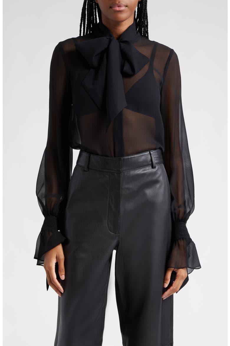 Lloyd Tie Neck Sheer Silk Top, Main, color, BLACK
