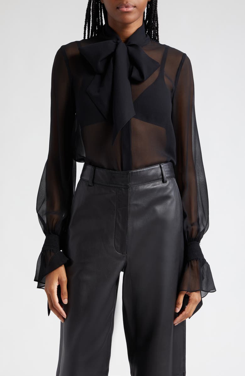 Alice + Olivia Lloyd Tie Neck Sheer Silk Top, Main, color,