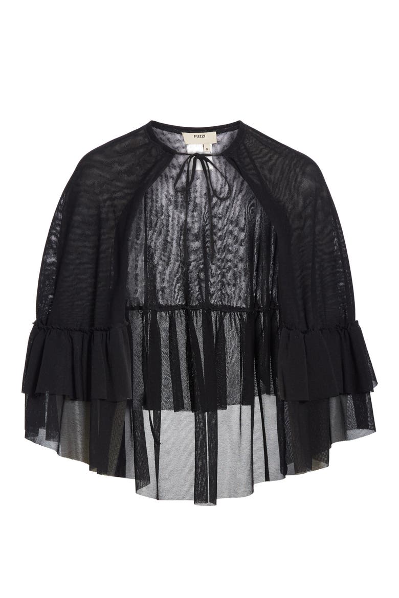 Ruffle Tulle Capelet, Alternate, color, NERO