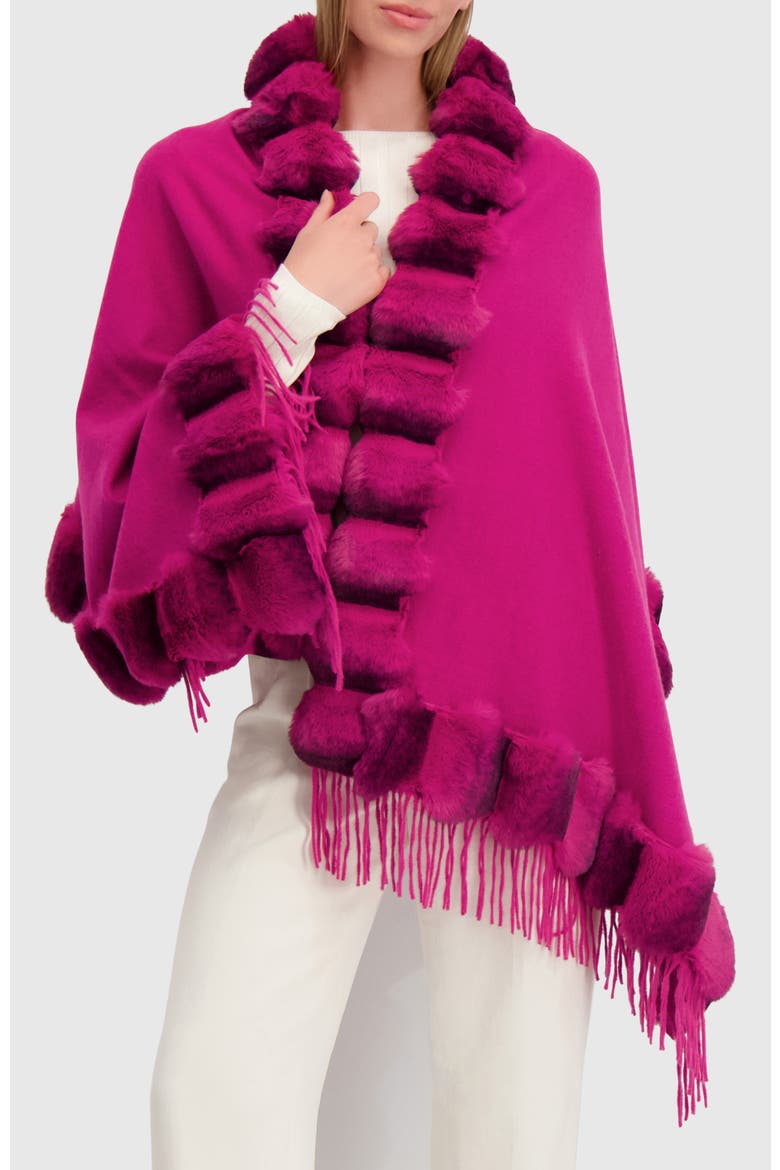 Cashmere & Wool Blend Cape With Fur-Free Chinchilla (Faux Fur) Trim, Main, color, FUSCHIA/FUSCHIA CHINCH
