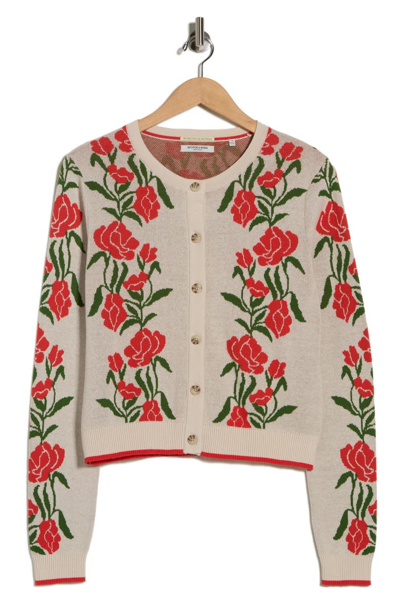 Poinsettia Intarsia Crewneck Sweater, Alternate, color, WHITECAP GRAY POINSETTIA GREEN