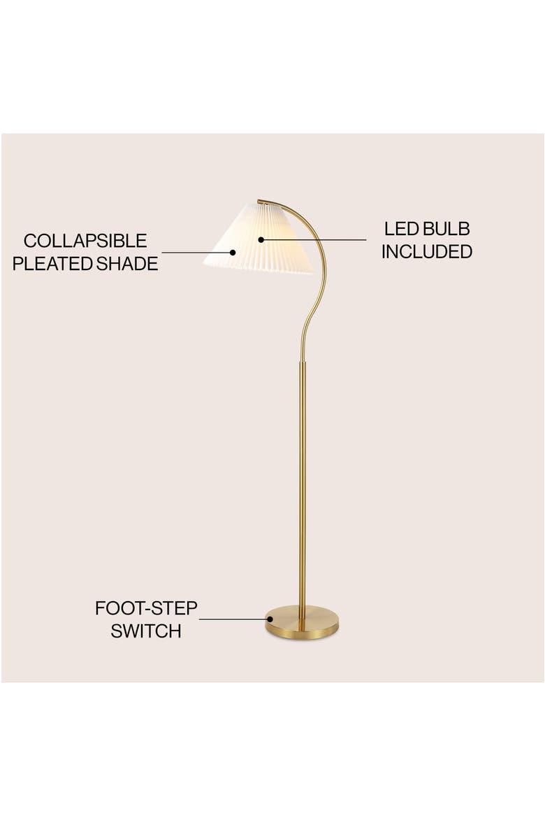 JONATHAN Y Devon Modern Glam Metal Arc LED Floor Lamp with Pleated Shade, Alternate, color, Brass Gold