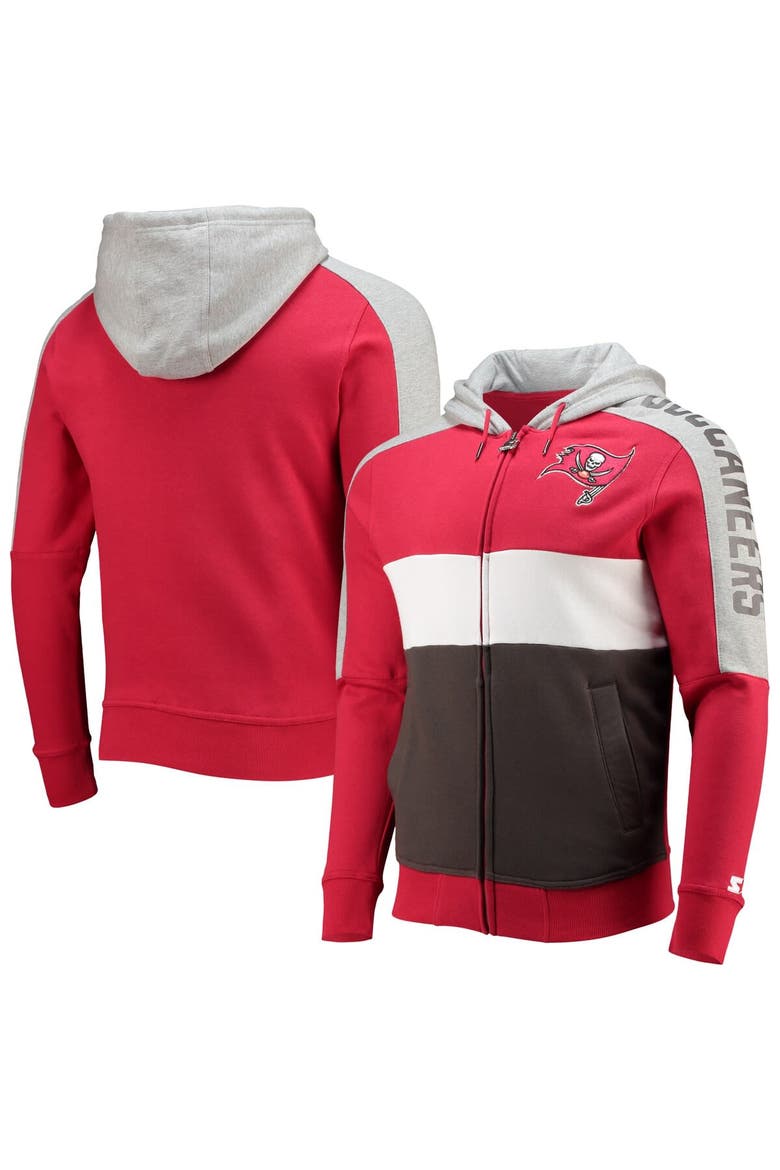 Men's Starter Red/Pewter Tampa Bay Buccaneers Playoffs Color Block Full-Zip Hoodie, Main, color, Red