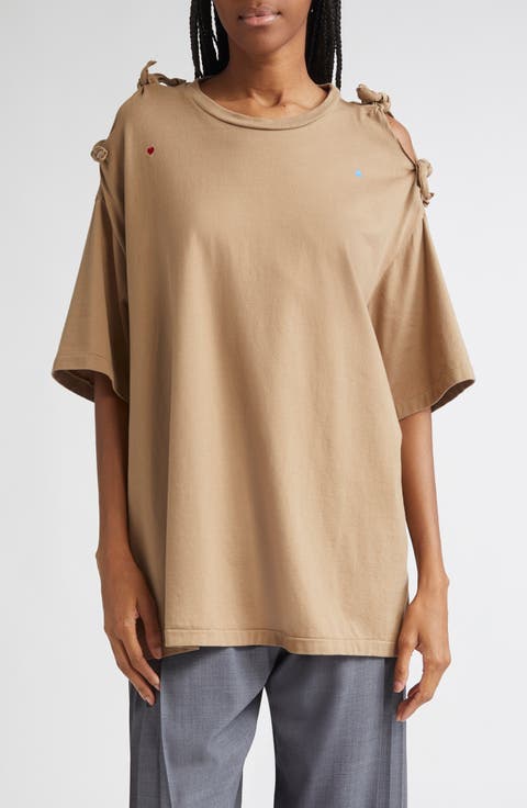 Embroidered Bow Sleeve Cotton T-Shirt