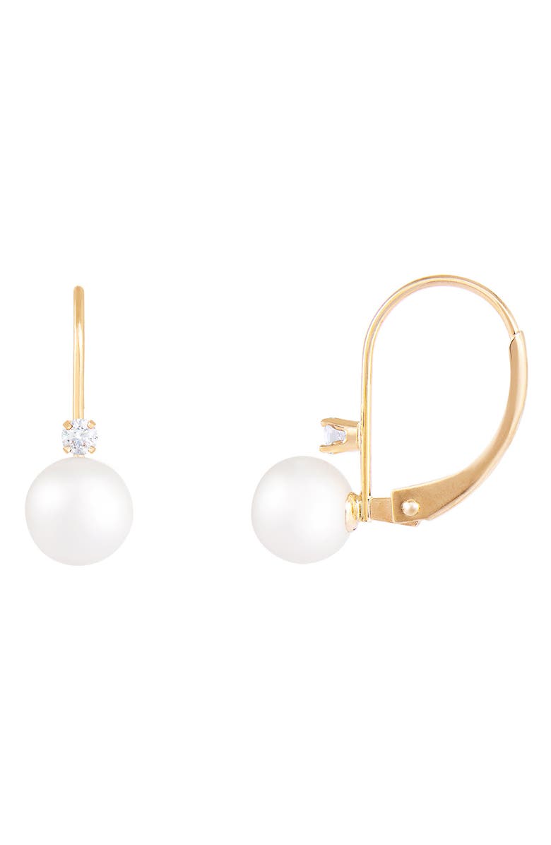 SPLENDID PEARLS 14K Gold 6.5–7mm Cultured Akoya Pearl & CZ Lever Back Earrings, Main, color, 