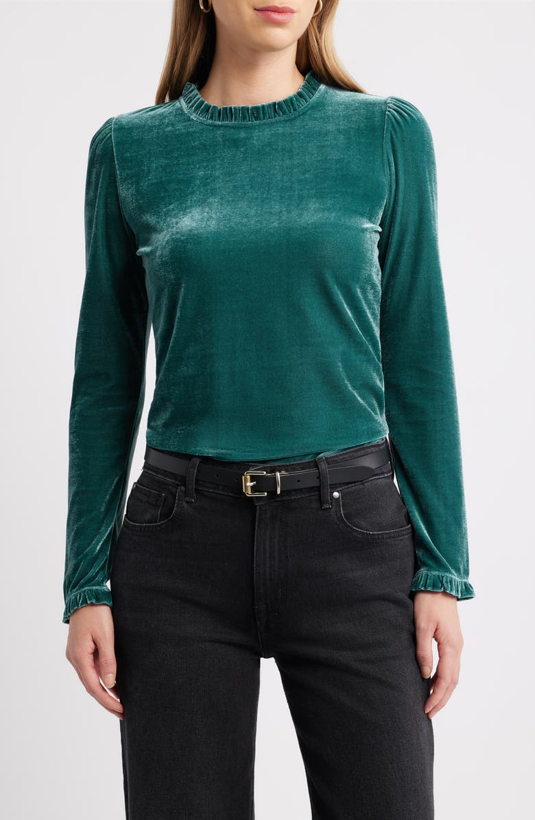 Caslon<sup>®</sup> Velour Ruffle Neck Top, Main, color, Green Ponderosa