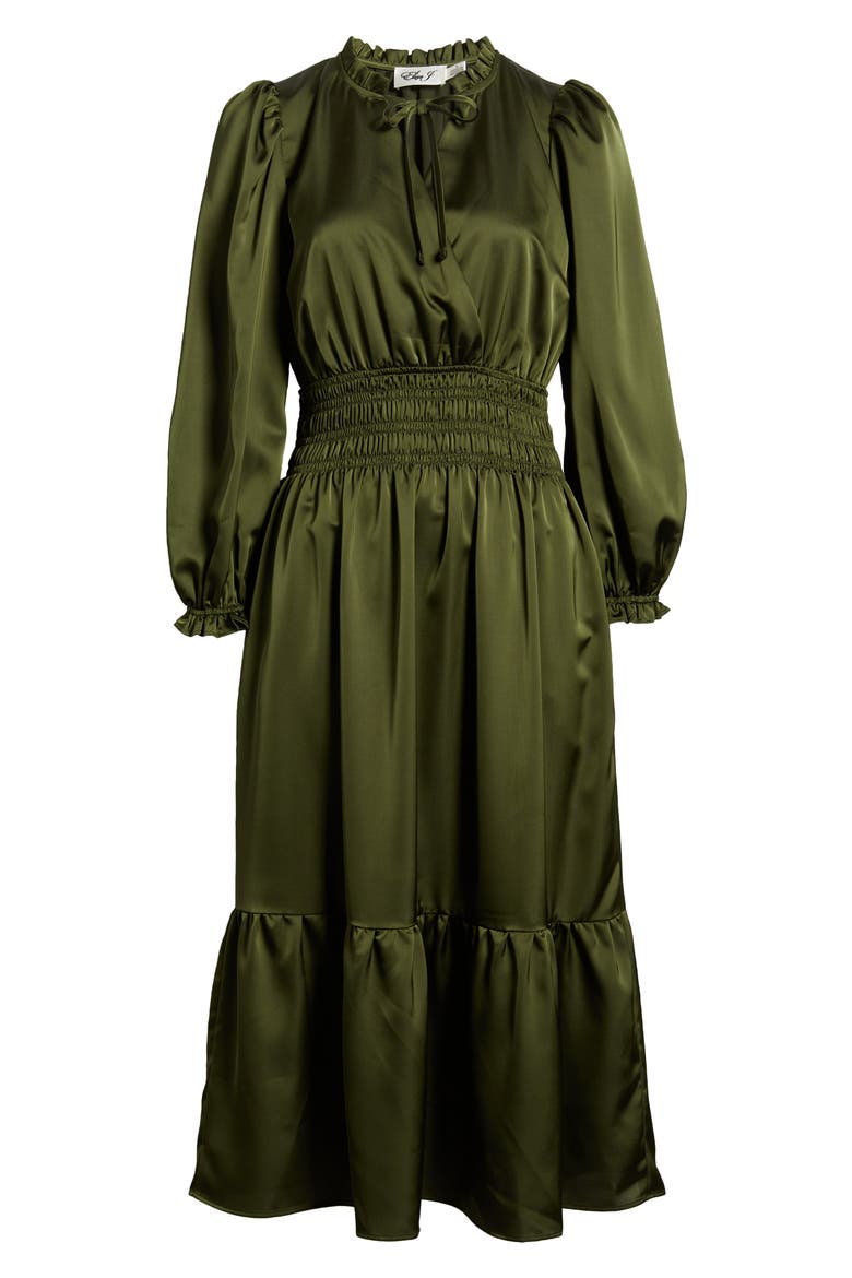 Ruffle Trim Long Sleeve Satin Dress, Alternate, color, OLIVE