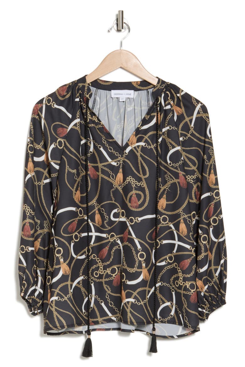 Balloon Sleeve Peasant Top, Alternate, color, BLACK CHAIN PRINT