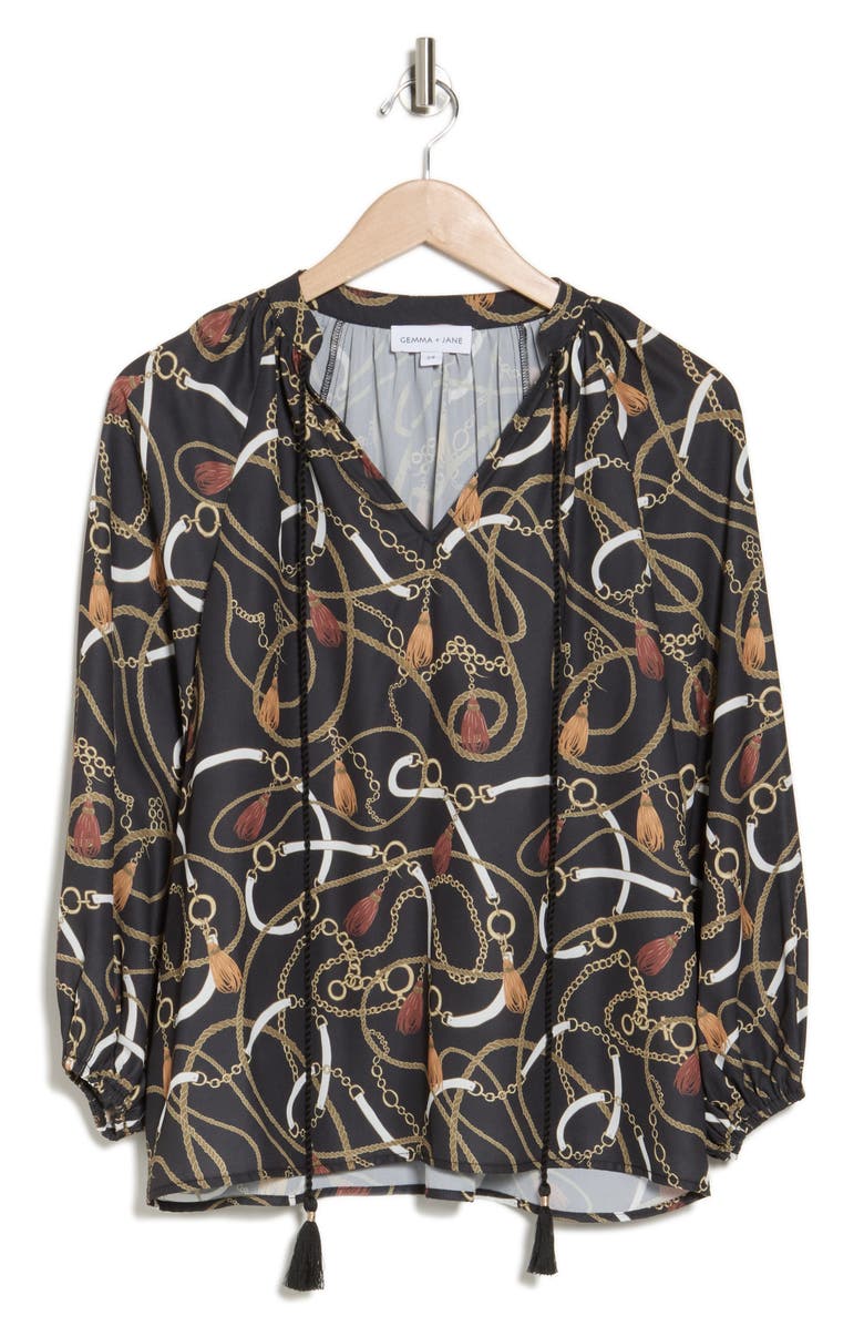 Gemma + Jane Balloon Sleeve Peasant Top, Alternate, color, Black Chain Print