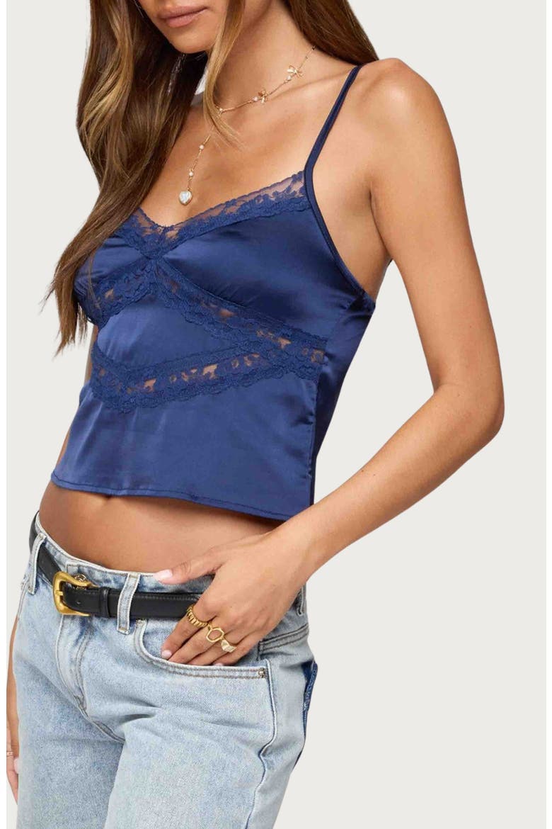 Lace Inset Crop Satin Camisole, Alternate, color, NAVY