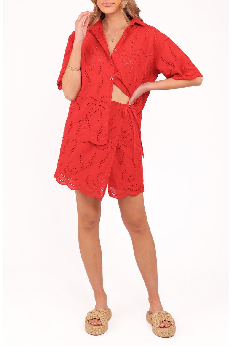Gallie Cotton Eyelet Button-Up Shirt & Wrap Skirt Set, Main, color, RED