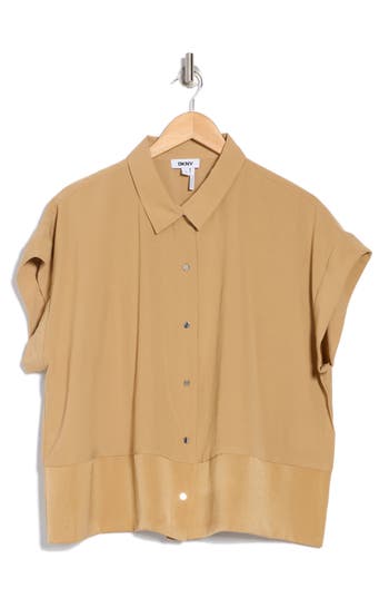 Dkny Short Sleeve Satin Button-up Shirt In Brown