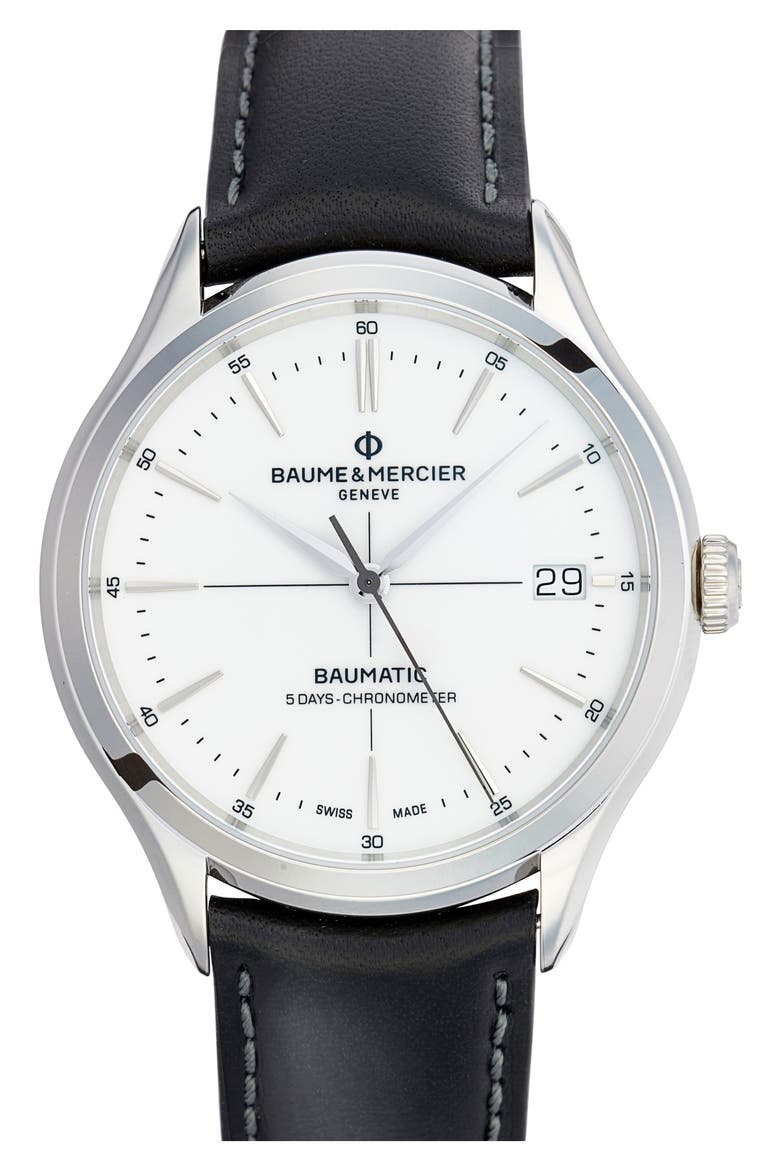 Clifton Baumatic Leather Strap Watch, 40mm, Main, color, WHITE PORCELAIN-LIKE