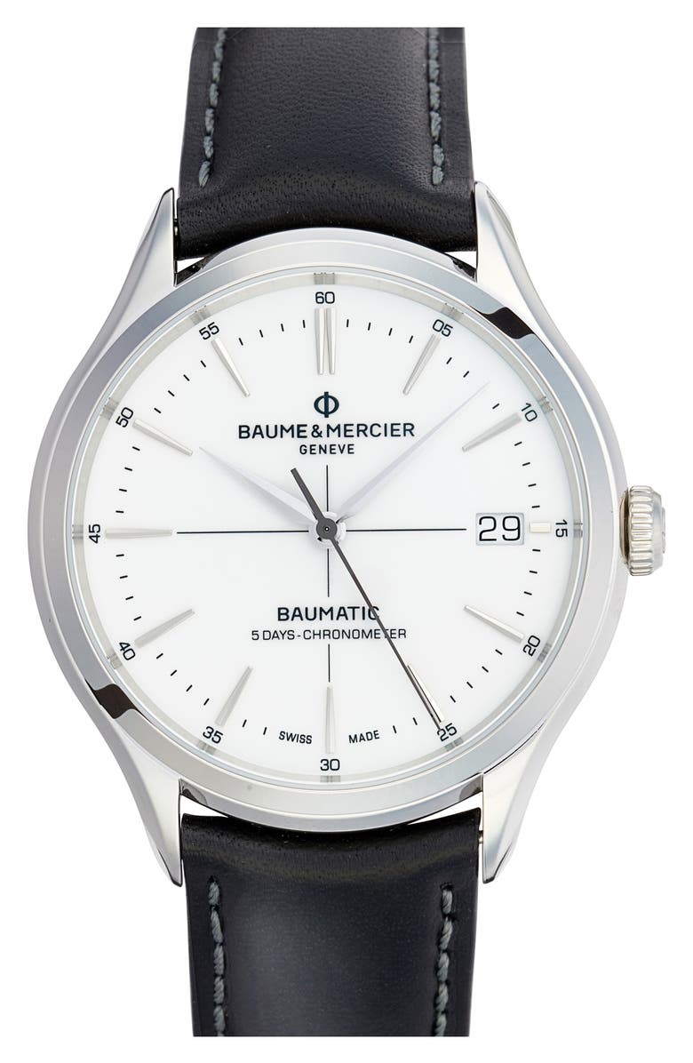 Baume & Mercier Clifton Baumatic Leather Strap Watch, 40mm, Main, color, White Porcelain-Like
