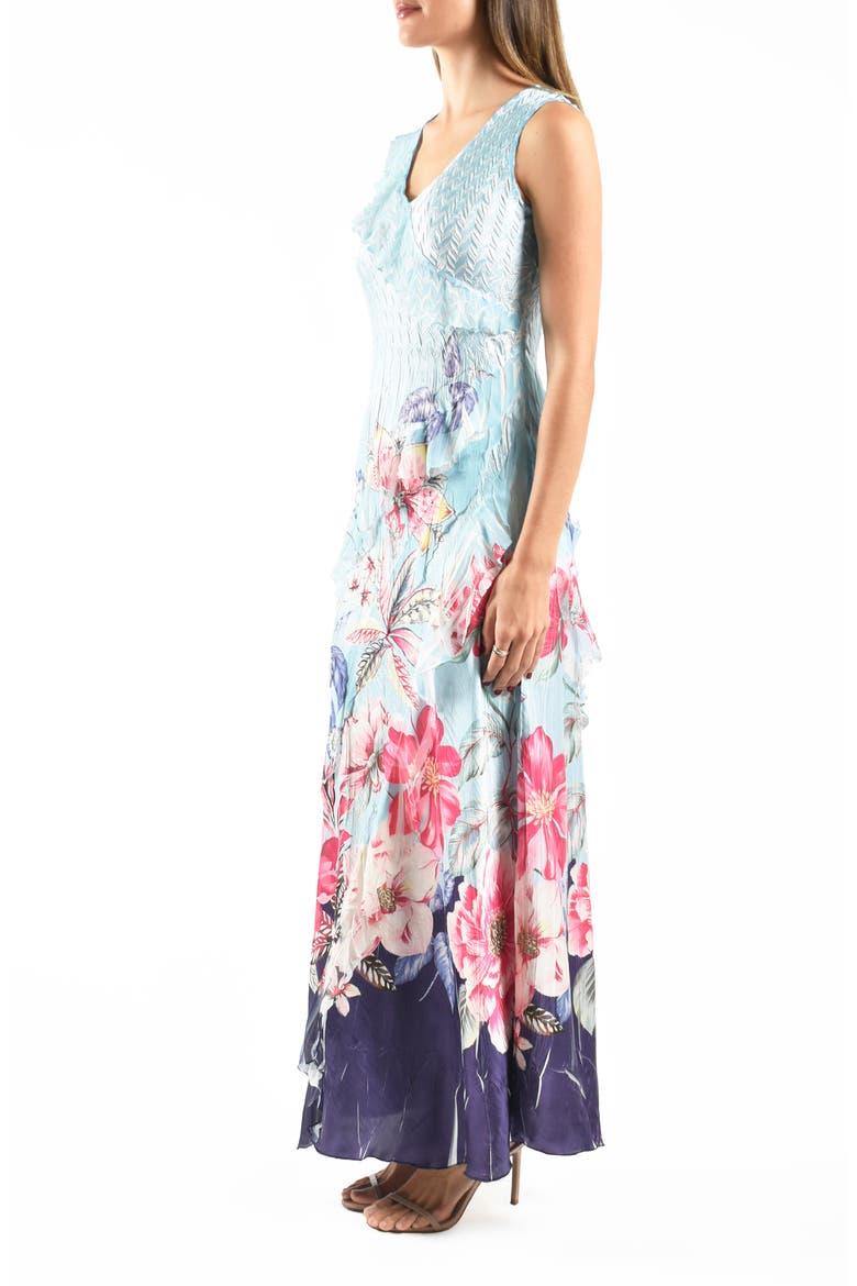 Ruffle Chiffon & Charmeuse Maxi Cocktail Dress, Alternate, color, BAHAMIAN BORDER