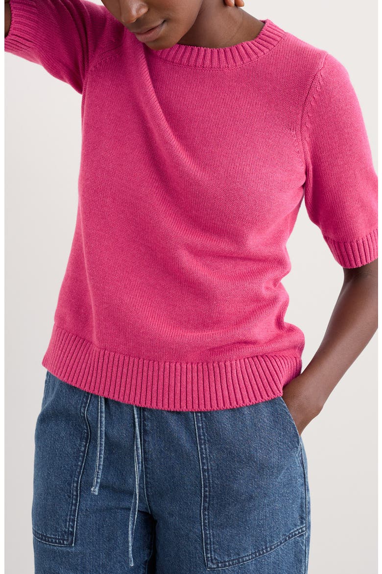 Studio Short Sleeve Organic Cotton Crewneck Sweater, Main, color, KNIT MELANGE TULIP