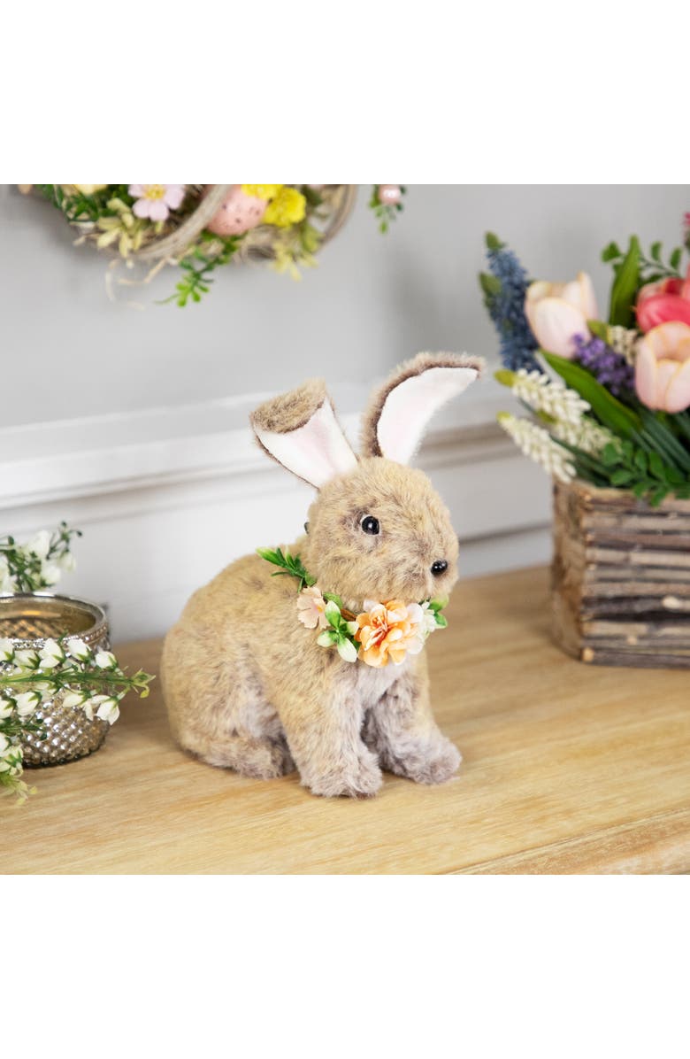 Northlight Plush Rabbit with Flower Wreath Easter Figurine - 8.5", Alternate, color, Brown