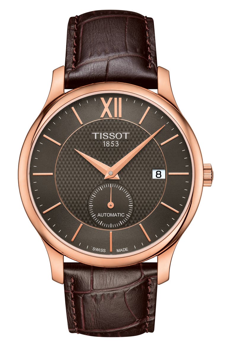 Tradition Automatic Leather Strap Watch, 40mm, Main, color, BROWN/ ANTHRACITE/ ROSE GOLD