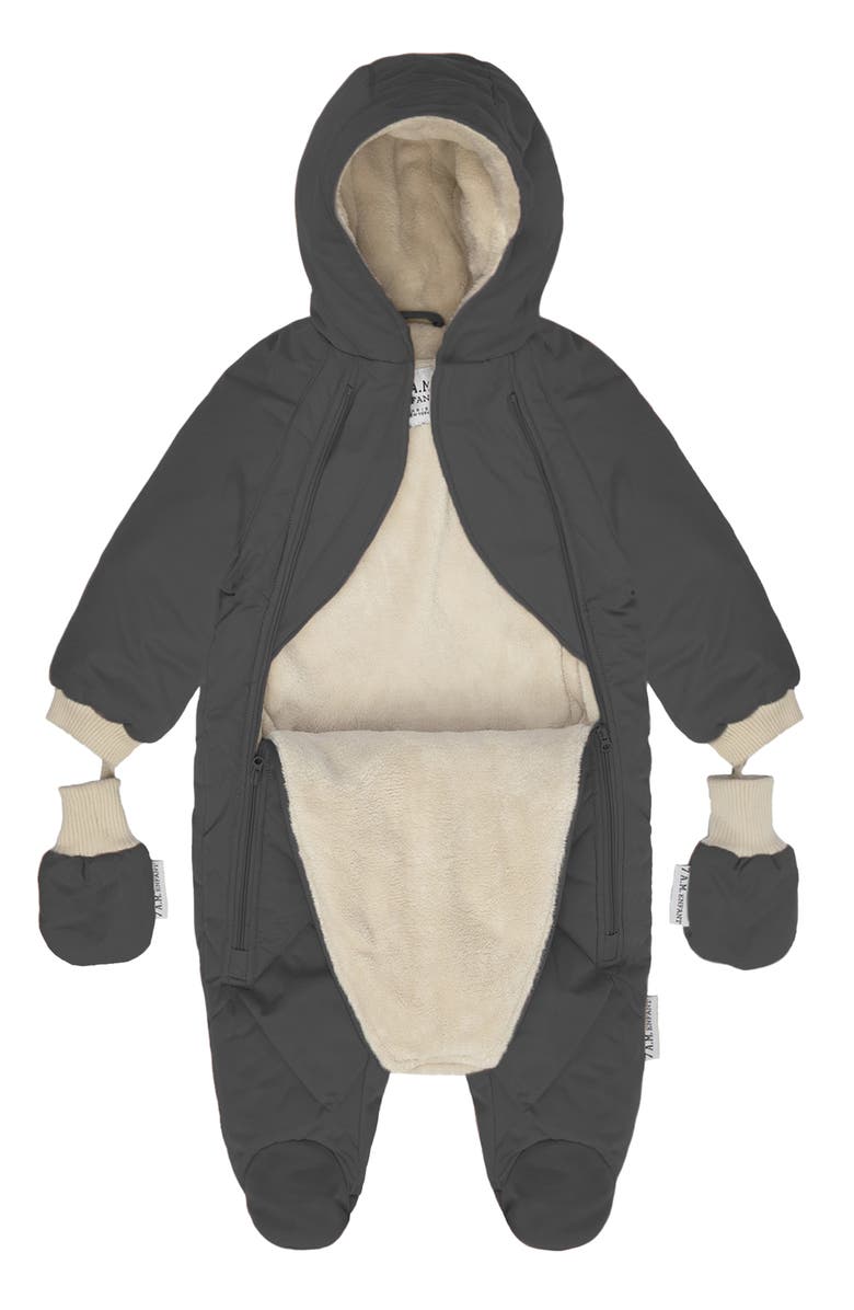 7 A.M. Enfant Benji Water Repellent Hooded Snowsuit with Attached Mittens, Alternate, color, Smokey Quilted