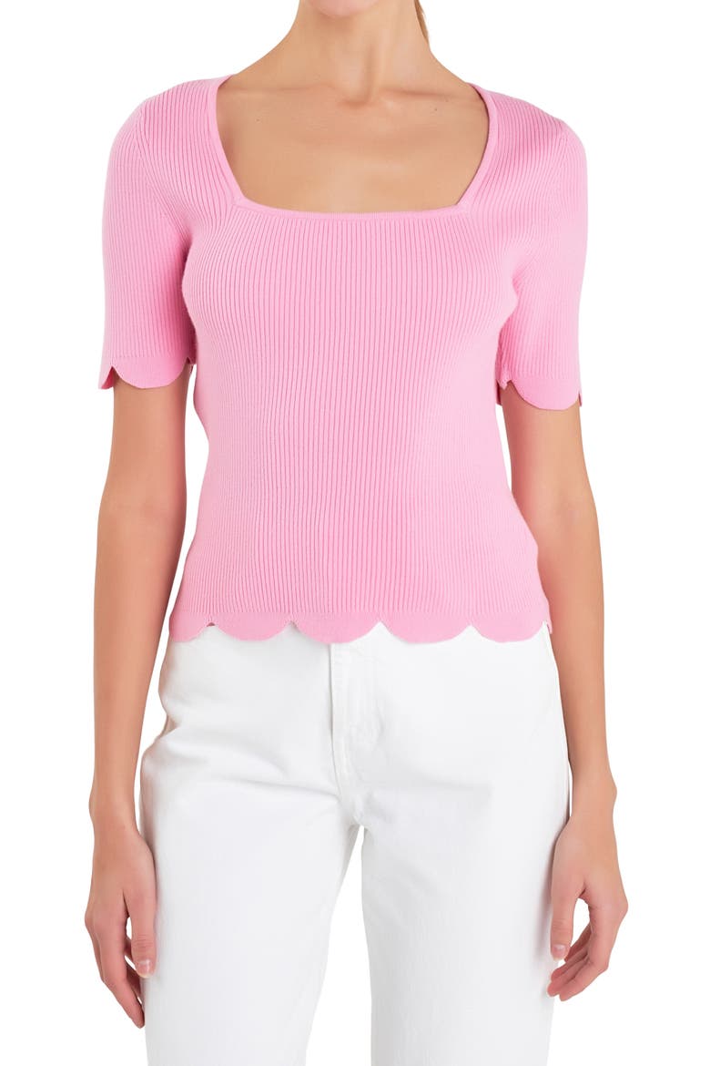 Scallop Hem Square Neck Rib Sweater, Alternate, color, PINK