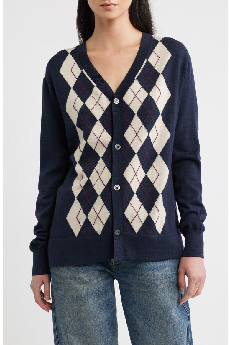 V-Neck Merino Wool Cardigan, Main, color, NAVY ARGYLE