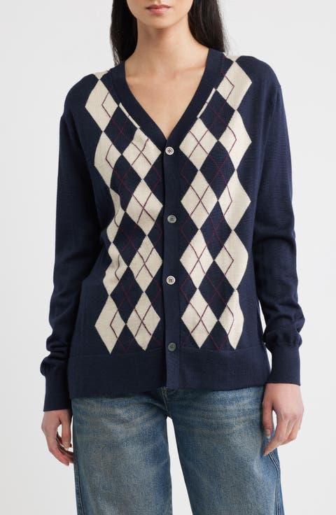 Argyle Extra Fine Merino Wool V Neck Cardigan