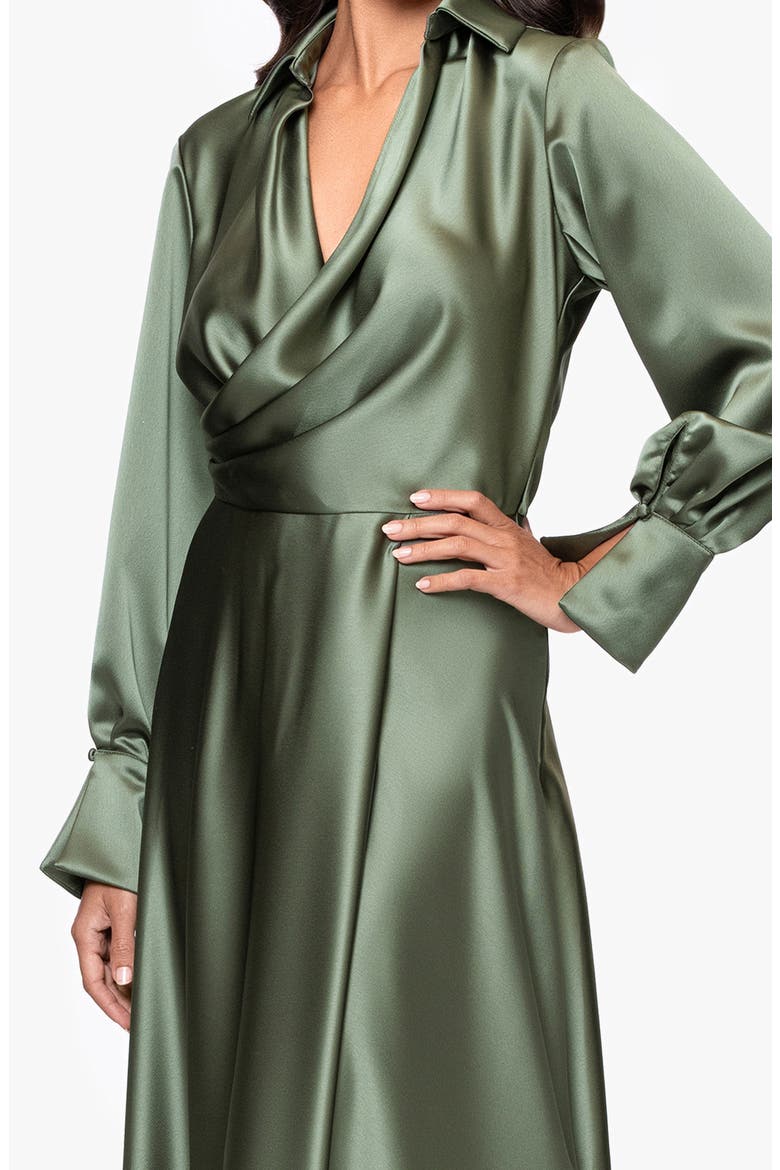 Spread Collar Long Sleeve Satin Gown, Alternate, color, OLIVE