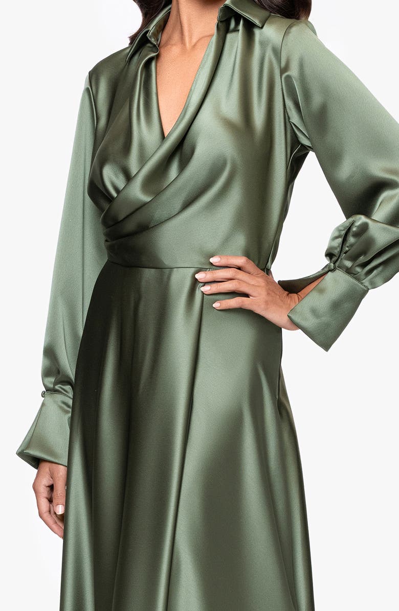 Xscape Evenings Spread Collar Long Sleeve Satin Gown, Alternate, color, 