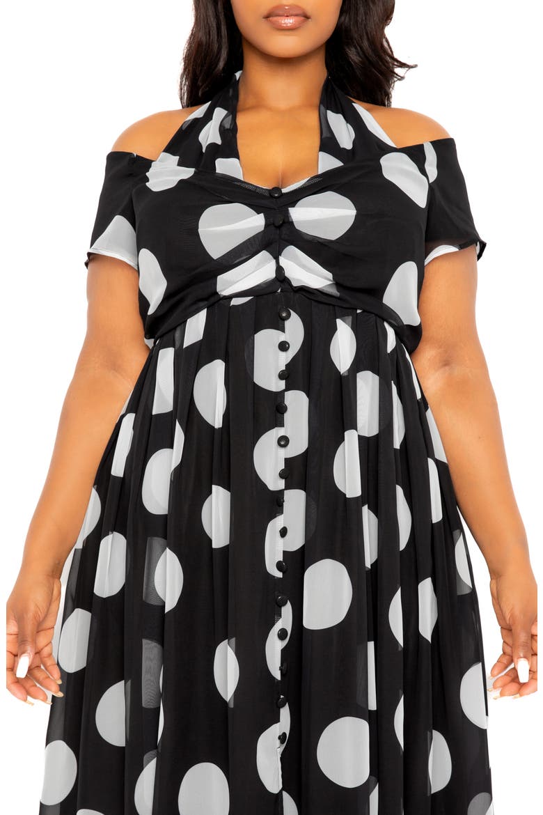 Polka Dot Off the Shoulder Halter Maxi Dress, Alternate, color, BLACK WHITE