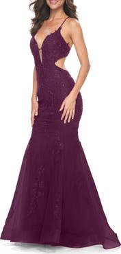 La Femme Lace and Tulle Mermaid Gown with Side Cut Outs in Jewel Tones