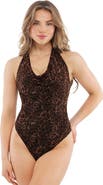 Popilush Shapewear Cowl Neck Leopard Tummy Control Halter Bodysuit