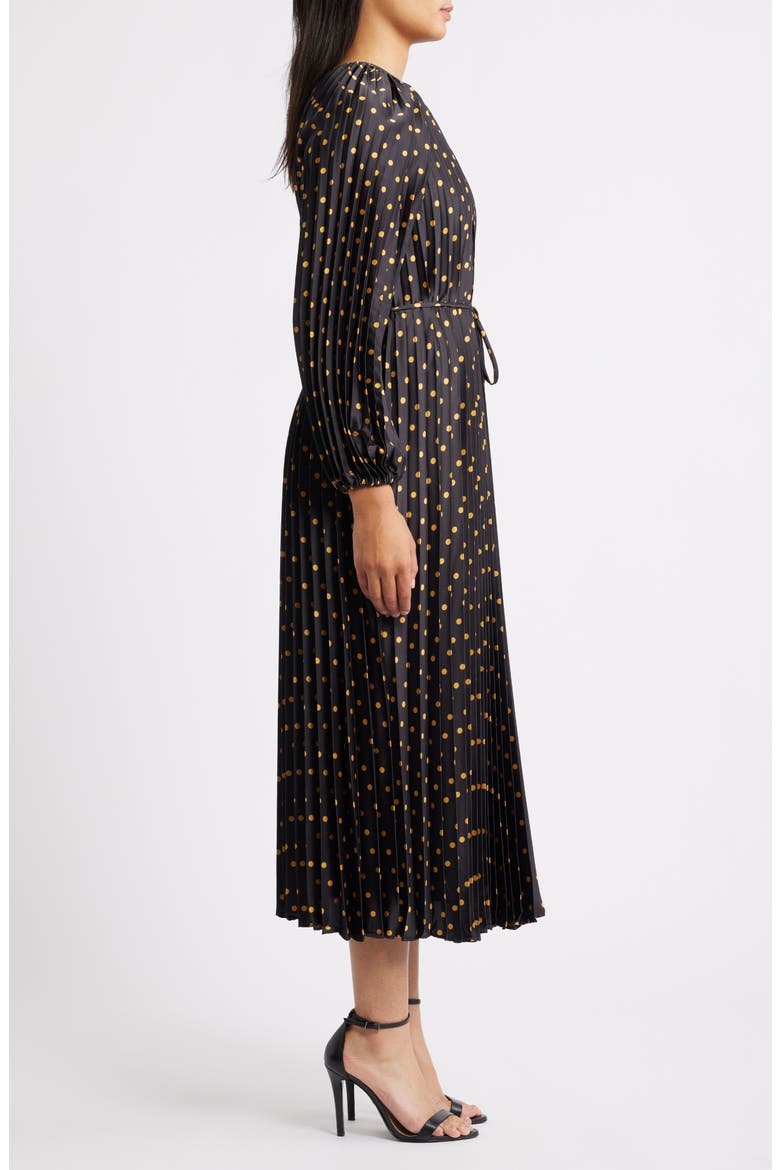 Pleated Metallic Polka Dot Long Sleeve Dress, Alternate, color, BLACK GOLD