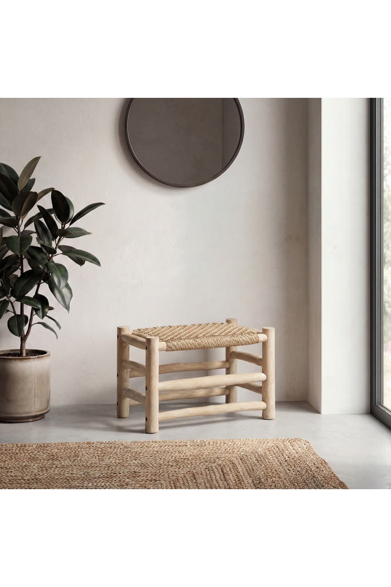 Chuck Bohemian Handcrafted Woven Synthetic Rattan Seat and Wood Indoor/Outdoor Backless Accent Stool, Alternate, color, Natural Bleach Finish