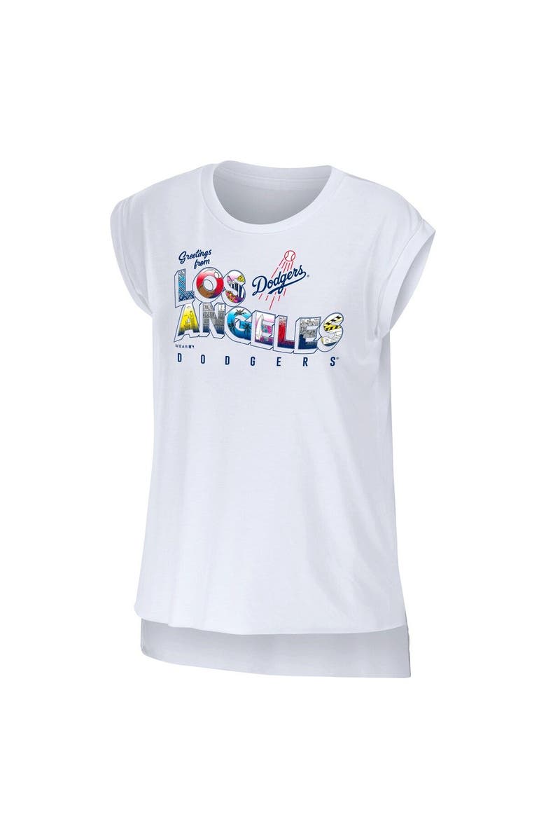 WEAR by Erin Andrews Women
s WEAR by Erin Andrews White Los Angeles Dodgers Greetings From T-Shirt, Alternate, color, 