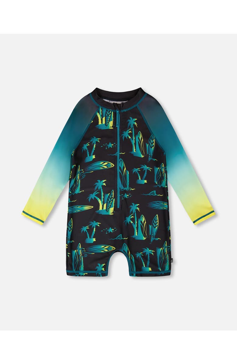 Deux par Deux One-Piece Long Sleeve Surf Print Rashguard, Main, color, Black Surf Print