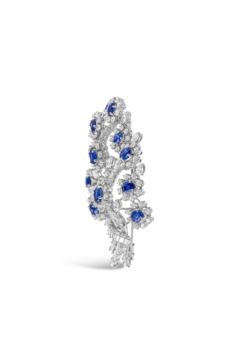 Haus of Brilliance Platinum Blue Sapphire and 12.00 Cttw Diamond Floral Bouquet Brooch Pin, Alternate, color, White
