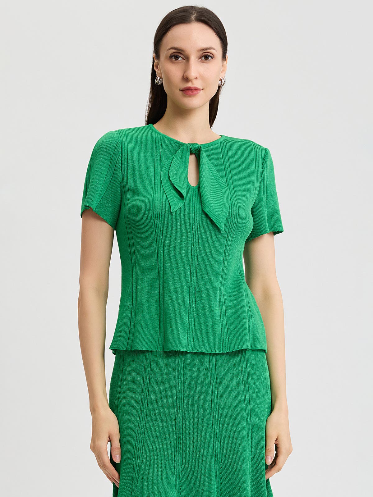 Tonal Faux Tie Neck Soft Ribbed Knit Top