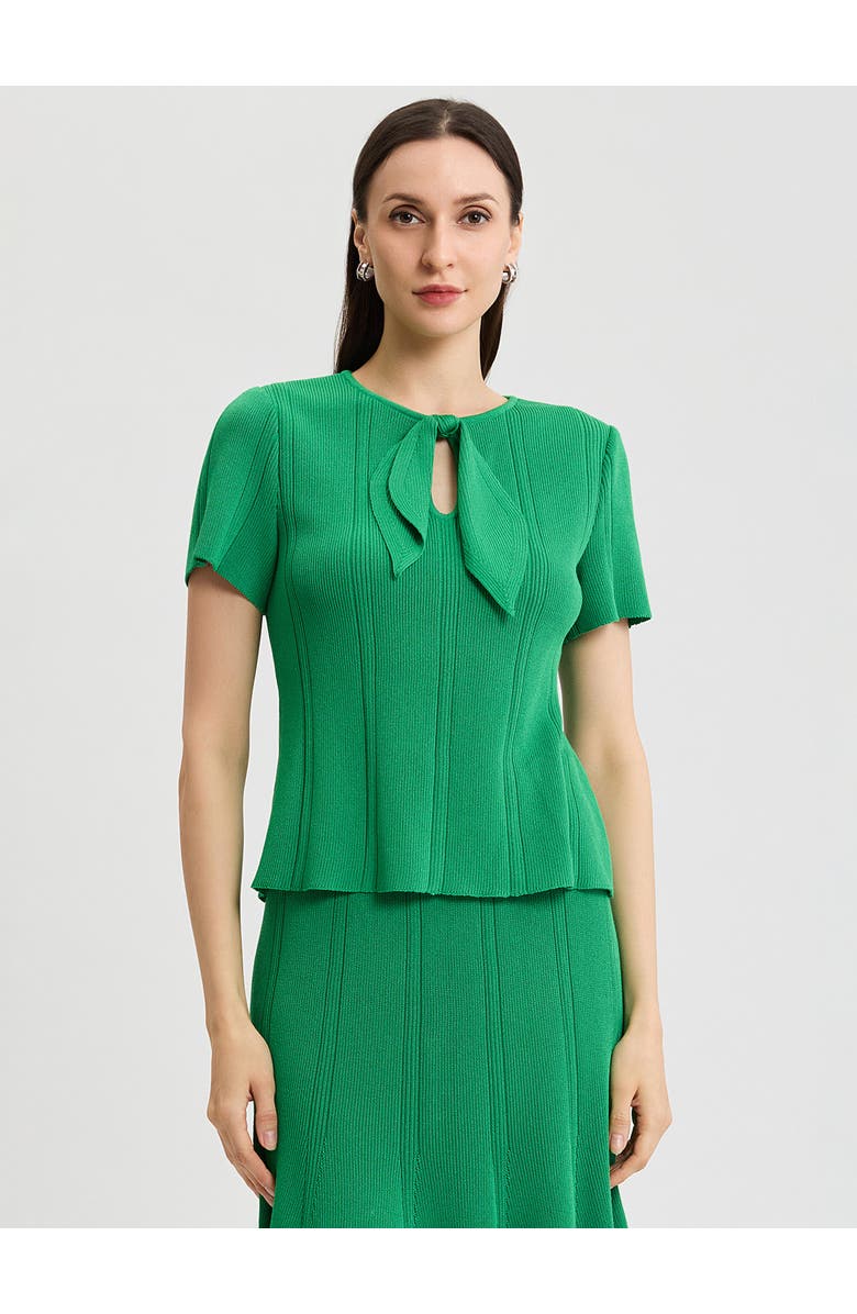 Misook Tonal Faux Tie Neck Soft Ribbed Knit Top, Main, color, Clover Field