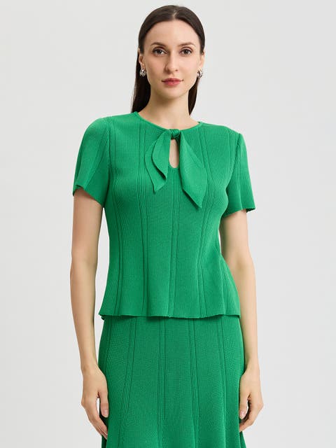 Tonal Faux Tie Neck Soft Ribbed Knit Top