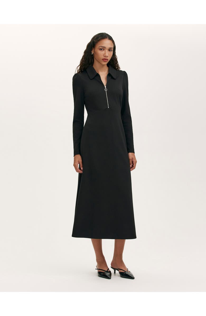 Finery London Elvira Ponte Jersey Zip Front Midi Dress, Alternate, color, Black
