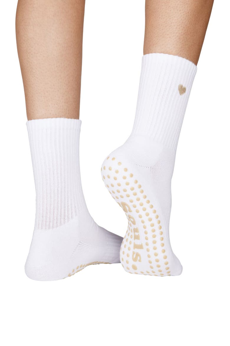 Beige Heart Mid Length Grip Socks, Alternate, color, White