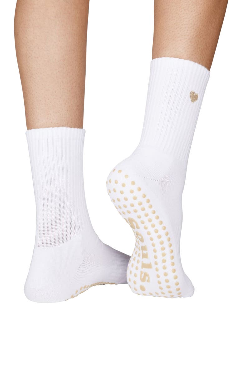 Souls. Beige Heart Mid Length Grip Socks, Alternate, color, White