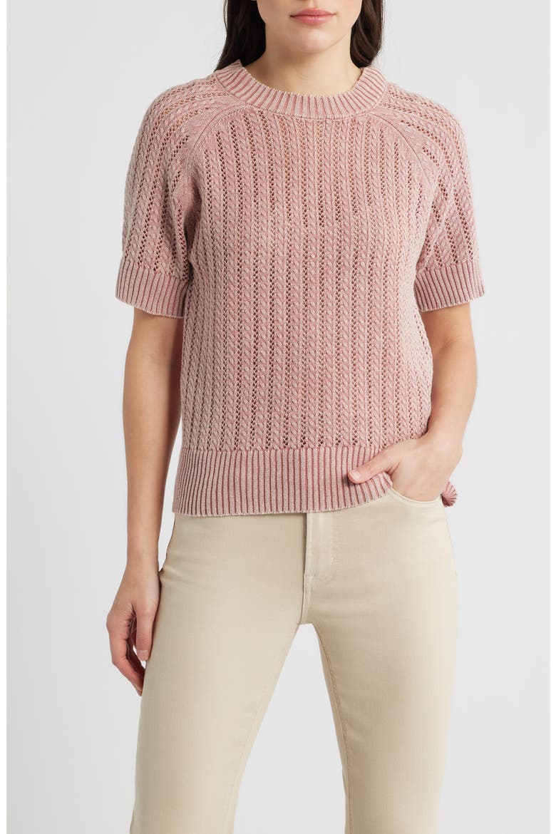 Washed Openwork Knit Rib Short Sleeve Sweater, Main, color, CONCH