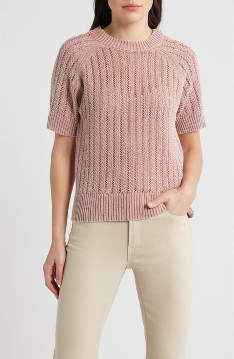 Washed Openwork Knit Rib Short Sleeve Sweater