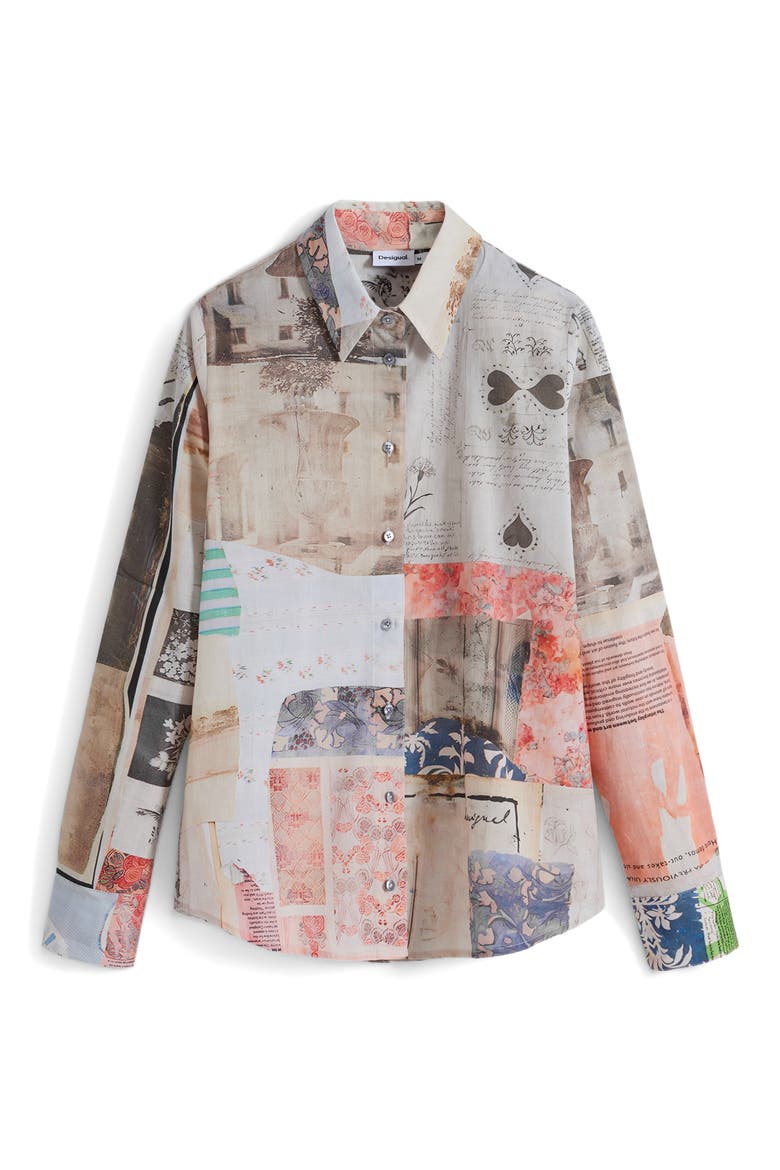 Collage Print Cotton Button-Up Shirt, Alternate, color, BEIGE