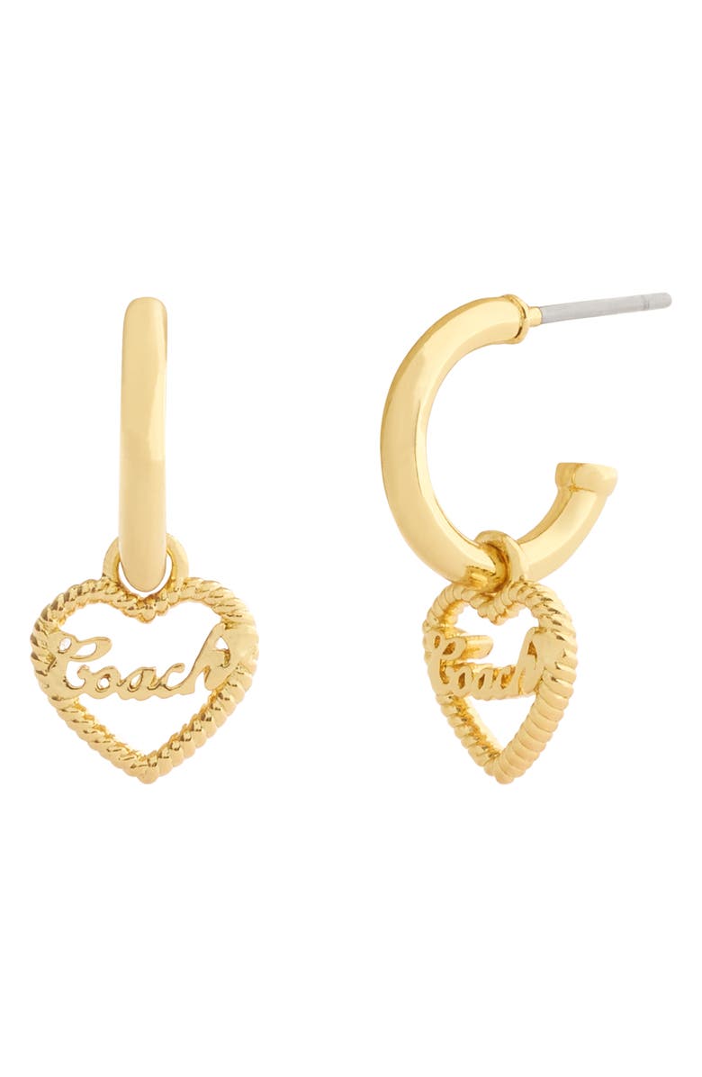 COACH Logo Heart Huggie Hoop Earrings, Main, color, Shiny Gold