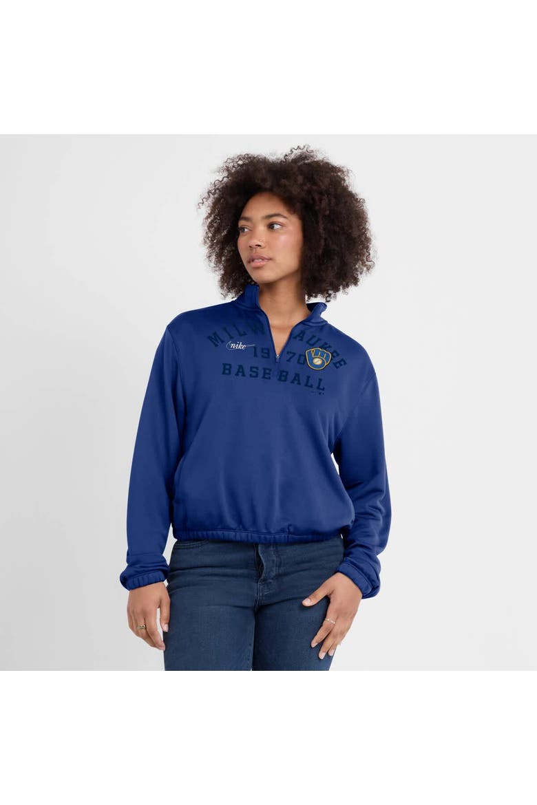 Women's Nike Royal Milwaukee Brewers Rewind Splice Half-Zip Semi-Cropped Bubble Hem Sweatshirt, Alternate, color, Royal
