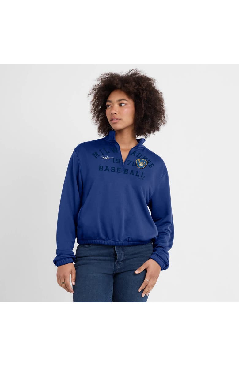 Nike Women's Nike Royal Milwaukee Brewers Rewind Splice Half-Zip Semi-Cropped Bubble Hem Sweatshirt, Alternate, color, Royal