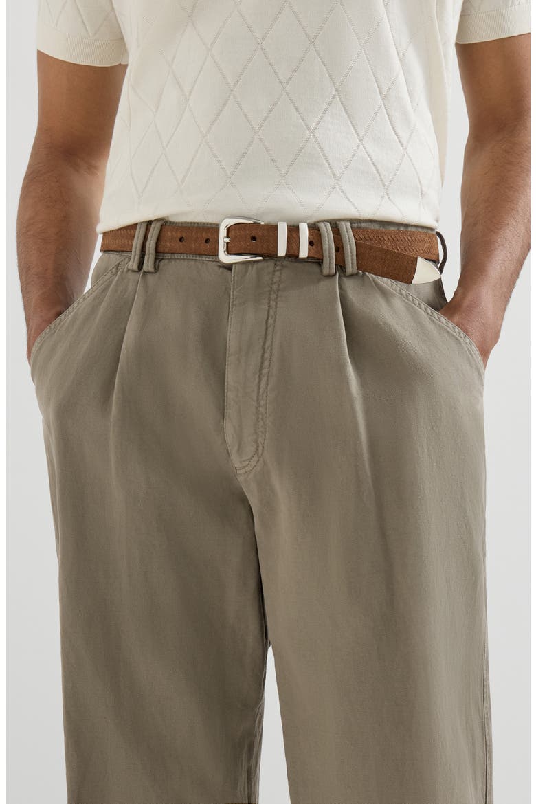 Garment-dyed trousers in cotton and linen canvas with pleat, Alternate, color, Military